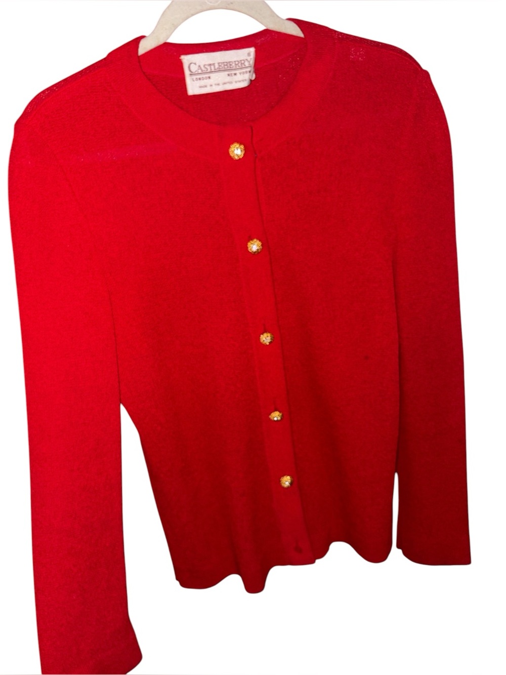 Castleberry Red Knit Blend Crewneck Cardigan Gold buttons jacket size large